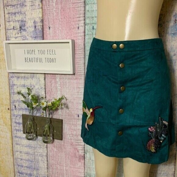 Embroidered Applique Trim Suede A Line Teal Summer Women Skirt BOUTIQUE ALLYSON - Picture 3 of 7